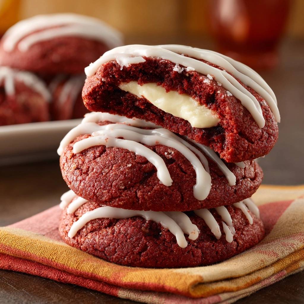 Red velvet cream cheese stuffed cookies cross-section stack, showing the gooey cream cheese filling inside.
