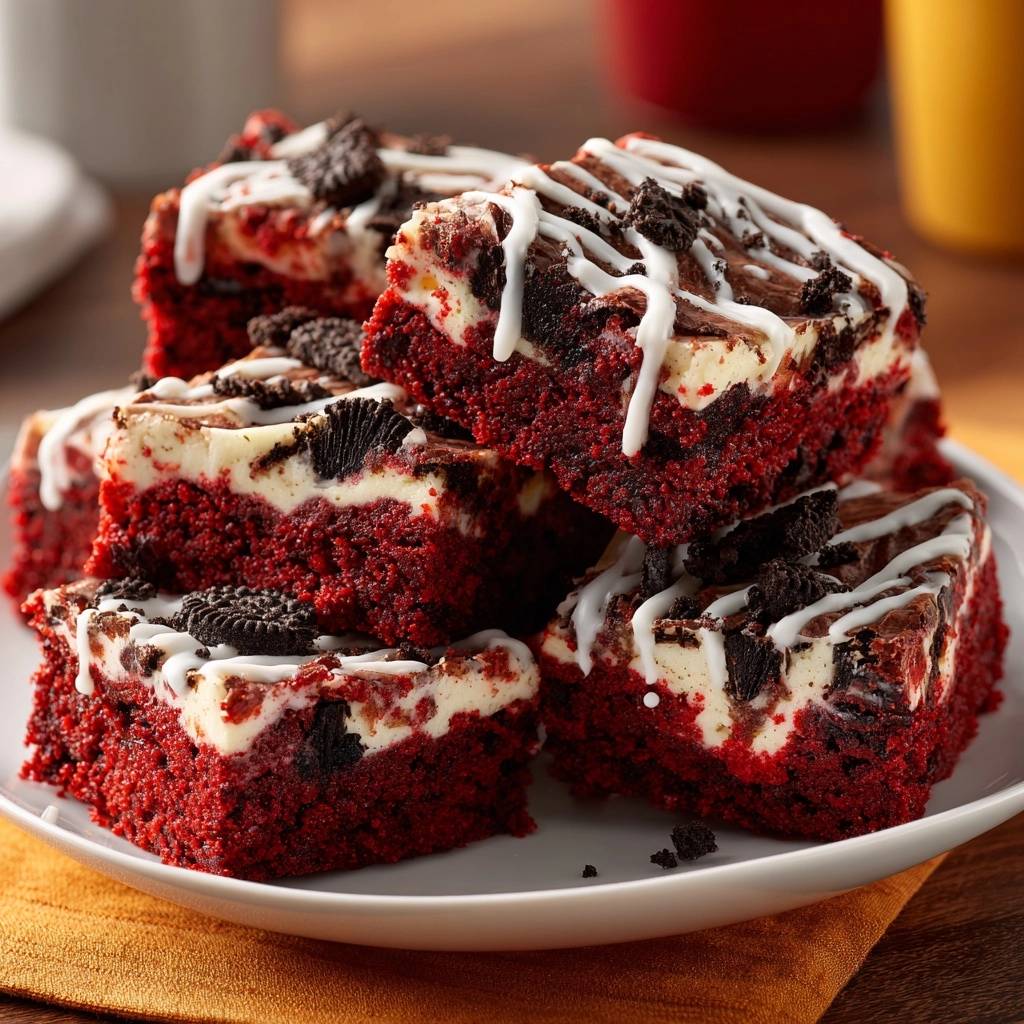 Red Velvet Oreo Cheesecake Brownies recipe, stacked on a white plate with a close-up view showing the layers and white drizzle.