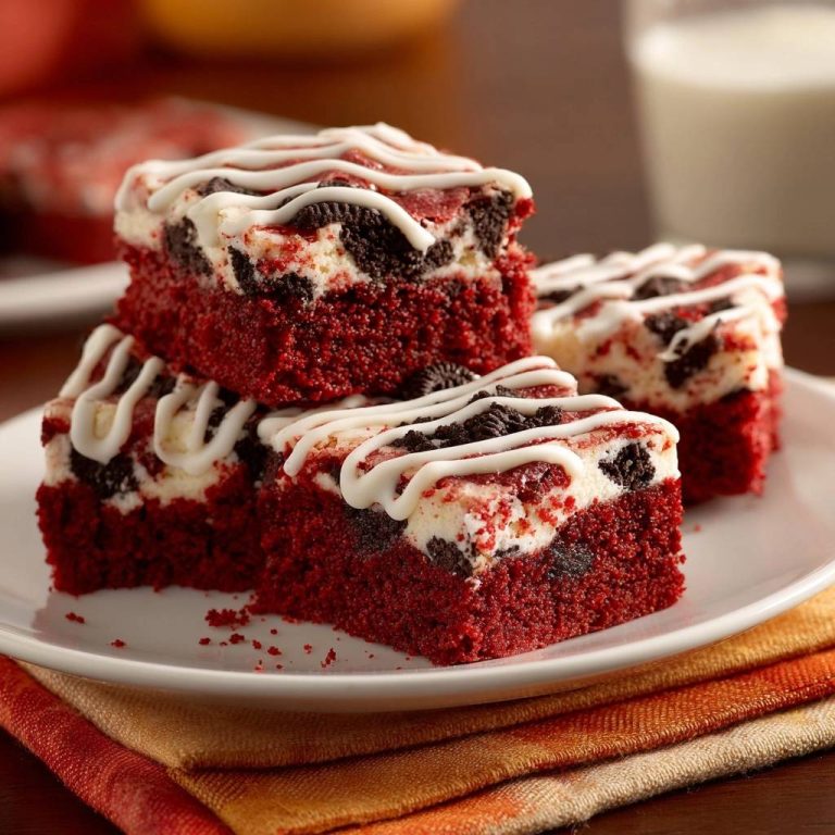 Red Velvet Oreo Cheesecake Brownies stacked on a plate, drizzled with white icing and dotted with cookie pieces.