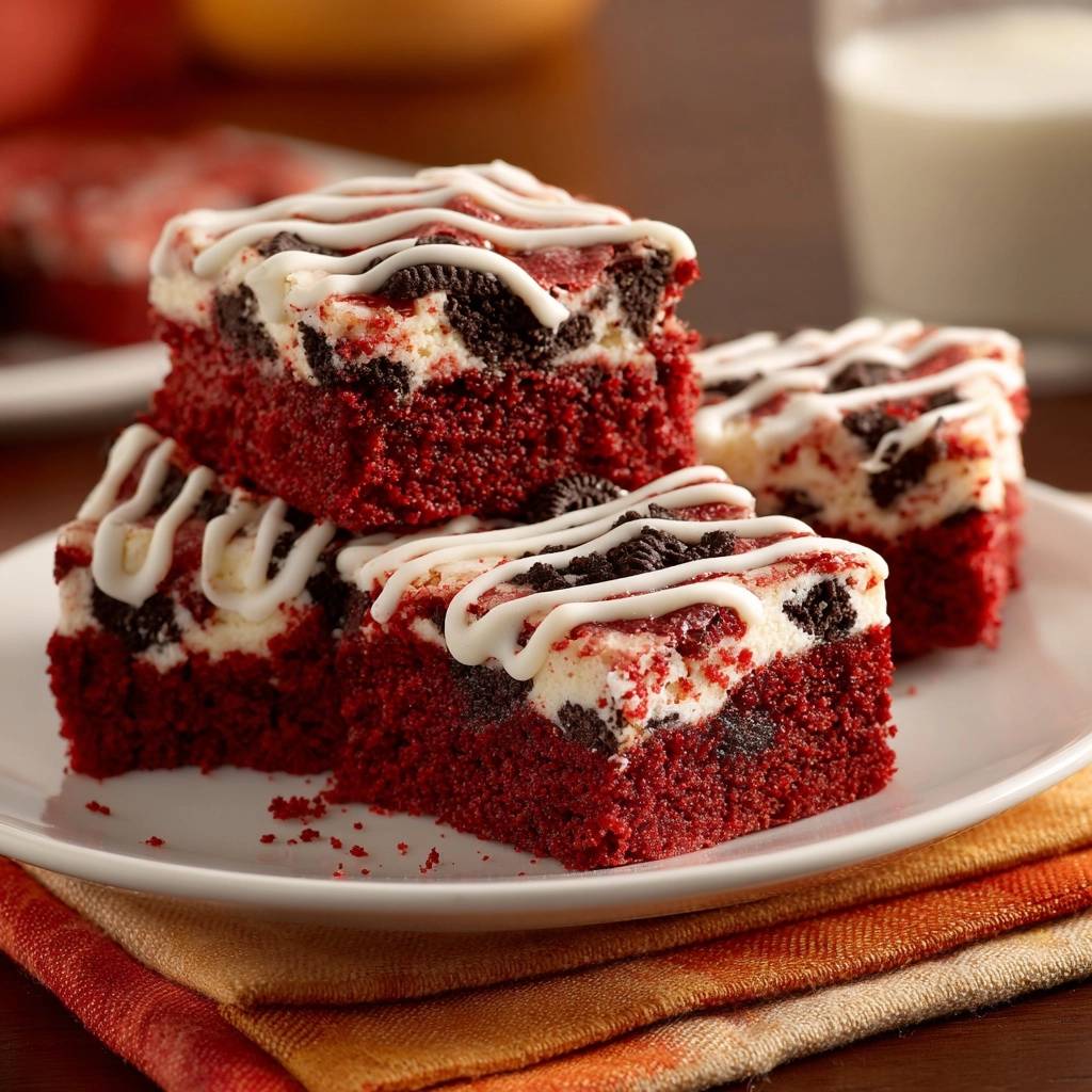 Red Velvet Oreo Cheesecake Brownies stacked on a plate, drizzled with white icing and dotted with cookie pieces.