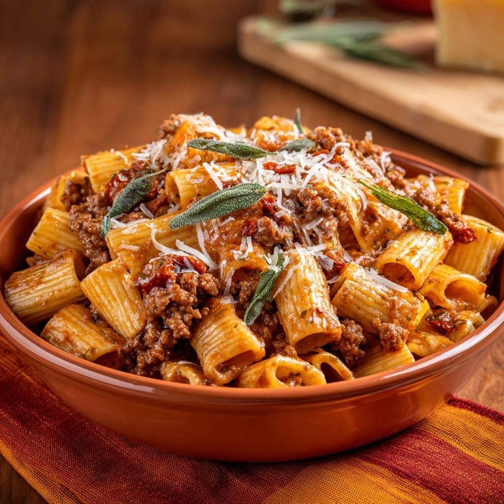 Rigatoni Bolognese served in a rustic bowl, showcasing the hearty meat sauce and fresh sage garnish.