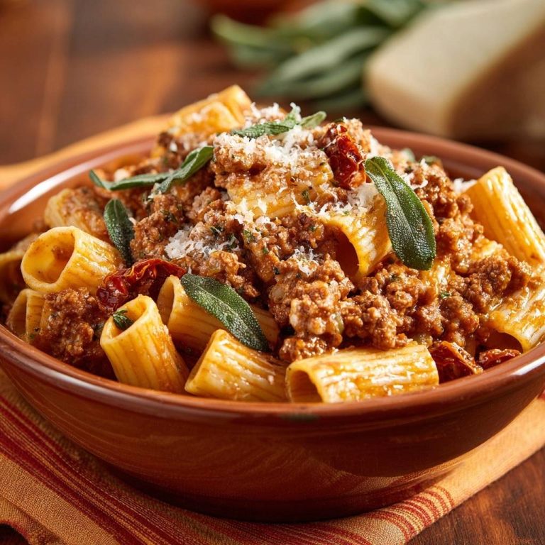 Rigatoni Bolognese served in a rustic bowl, topped with crumbled meat sauce, fresh sage, and grated cheese.