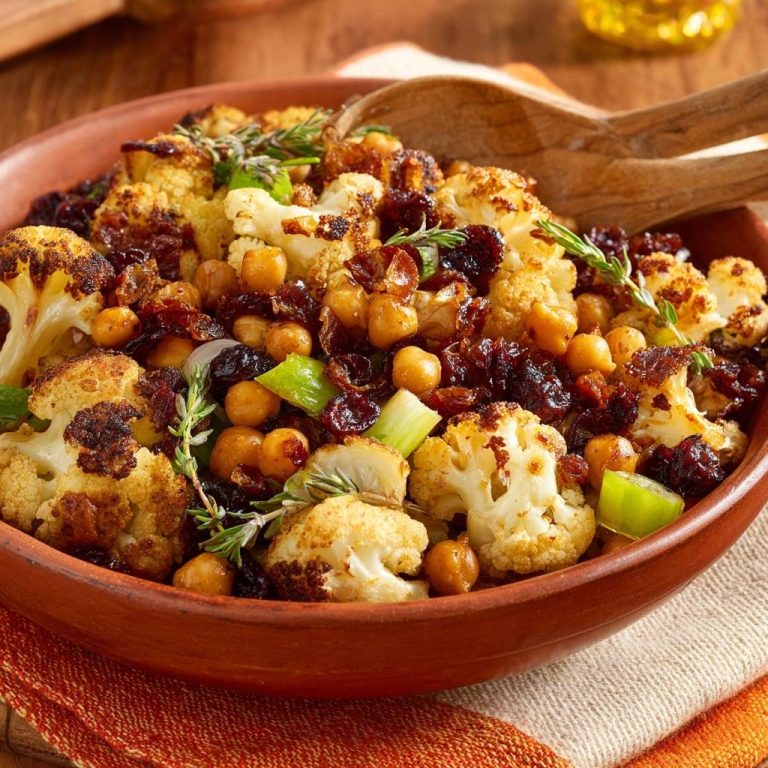Roasted cauliflower chickpea salad shown in a close-up view within a rustic bowl with wooden serving spoons.