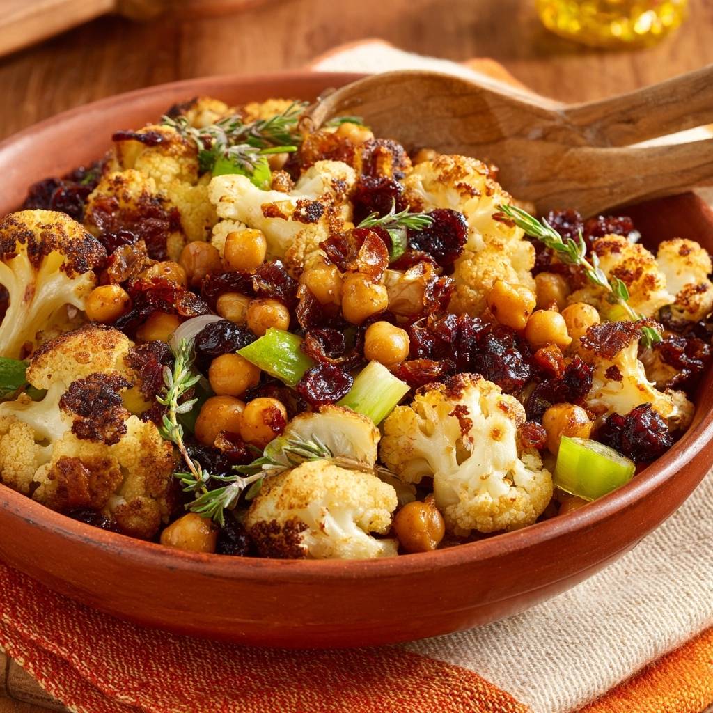 Roasted cauliflower chickpea salad shown in a close-up view within a rustic bowl with wooden serving spoons.