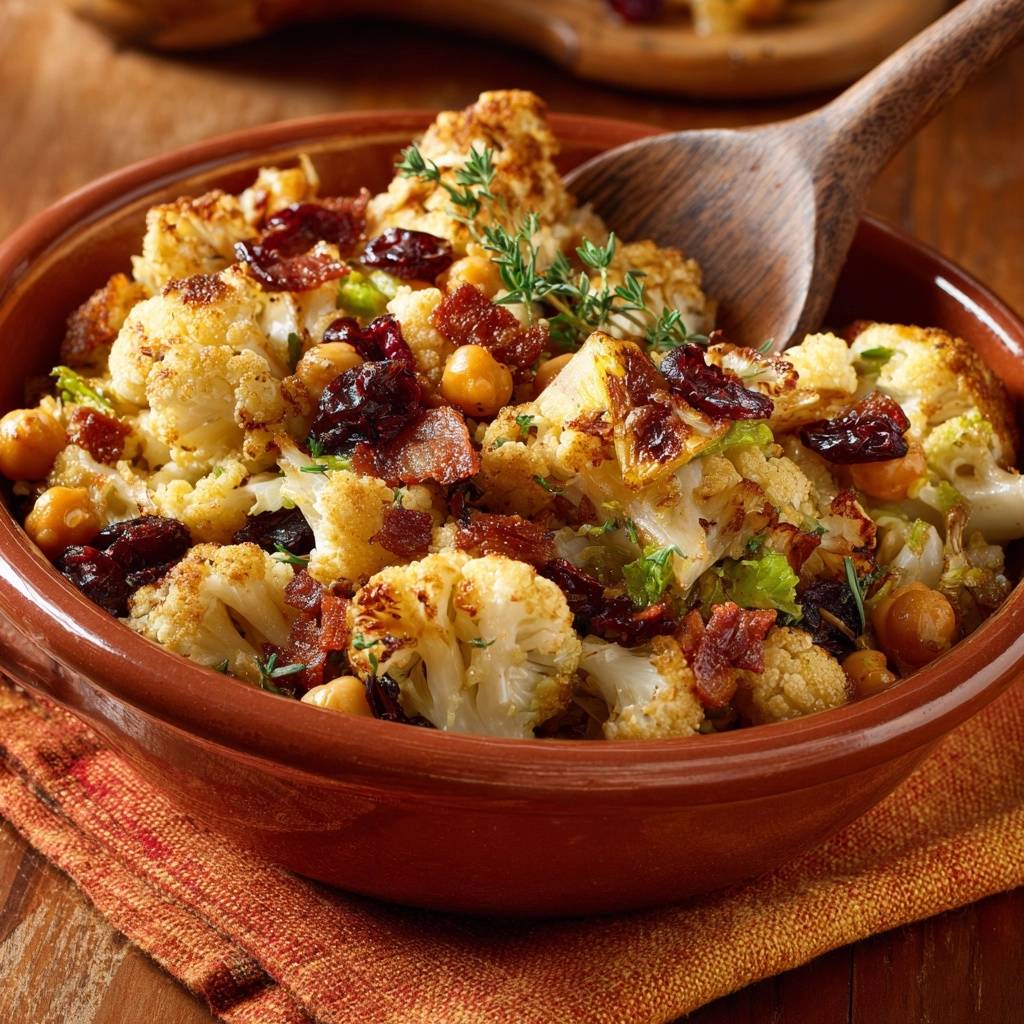 Roasted cauliflower chickpea salad served in a rustic bowl, showcasing roasted cauliflower florets, chickpeas, and dried cranberries with a wooden spoon.