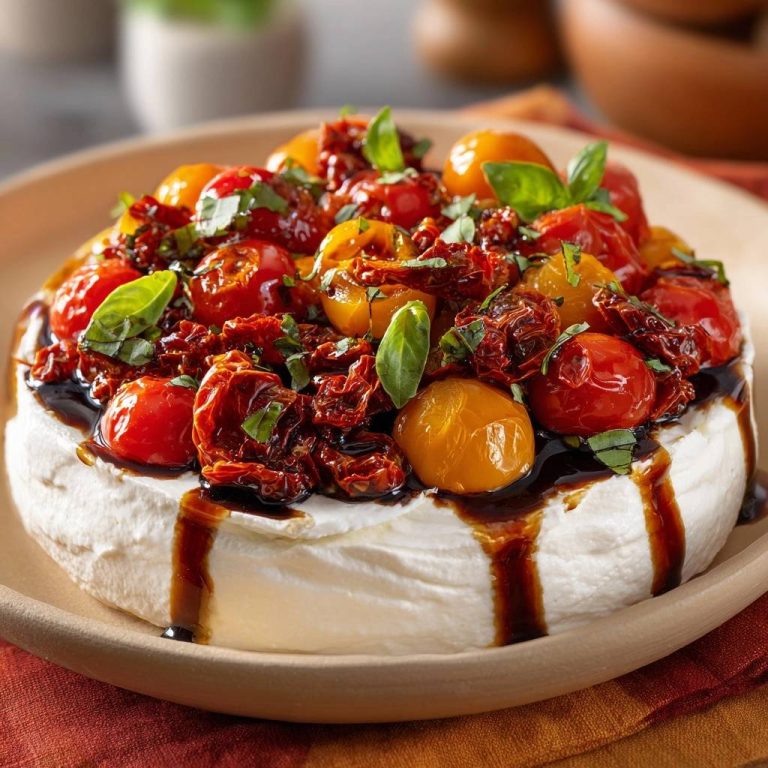 Roasted tomato Caprese brie with fresh basil and balsamic glaze drizzled over creamy cheese.