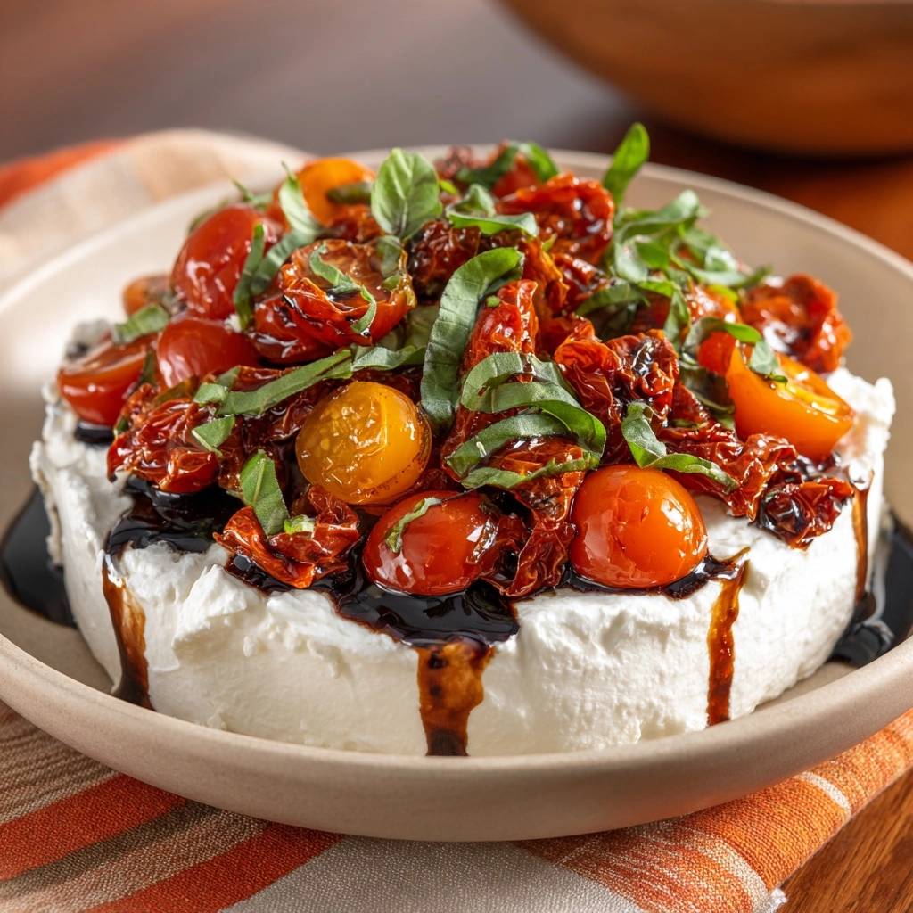 Roasted tomato Caprese brie with fresh basil and a balsamic glaze, showcasing the topping detail.