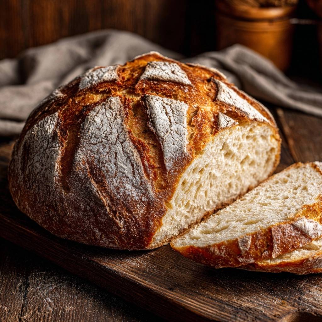 Rustic artisan boule bread sliced to reveal its interior cross-section on a wooden board.