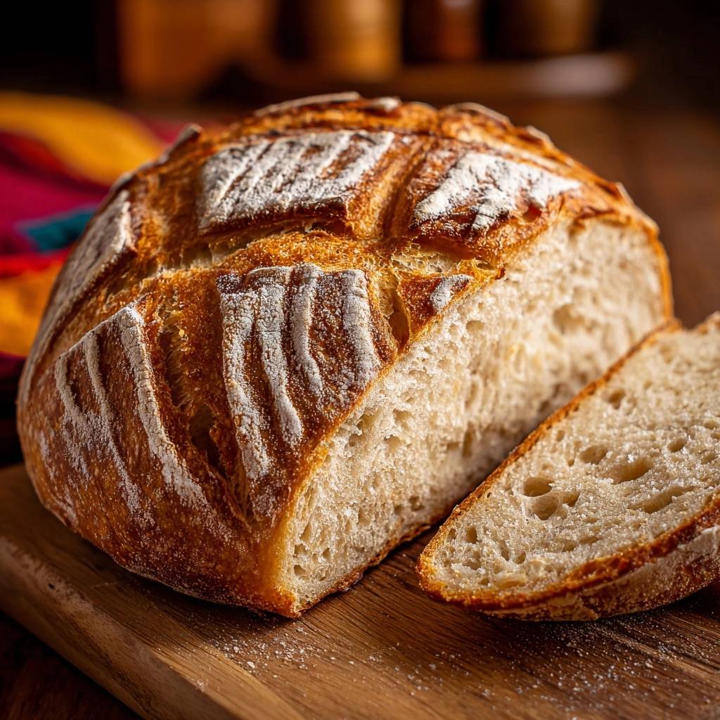Rustic artisan boule bread sliced to reveal its airy cross-section and golden crust.