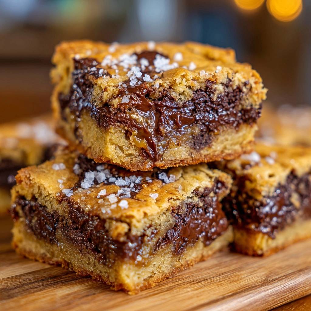 Salted caramel chocolate chunk blondies shown in a close-up cross-section highlighting the gooey chocolate and caramel layers.