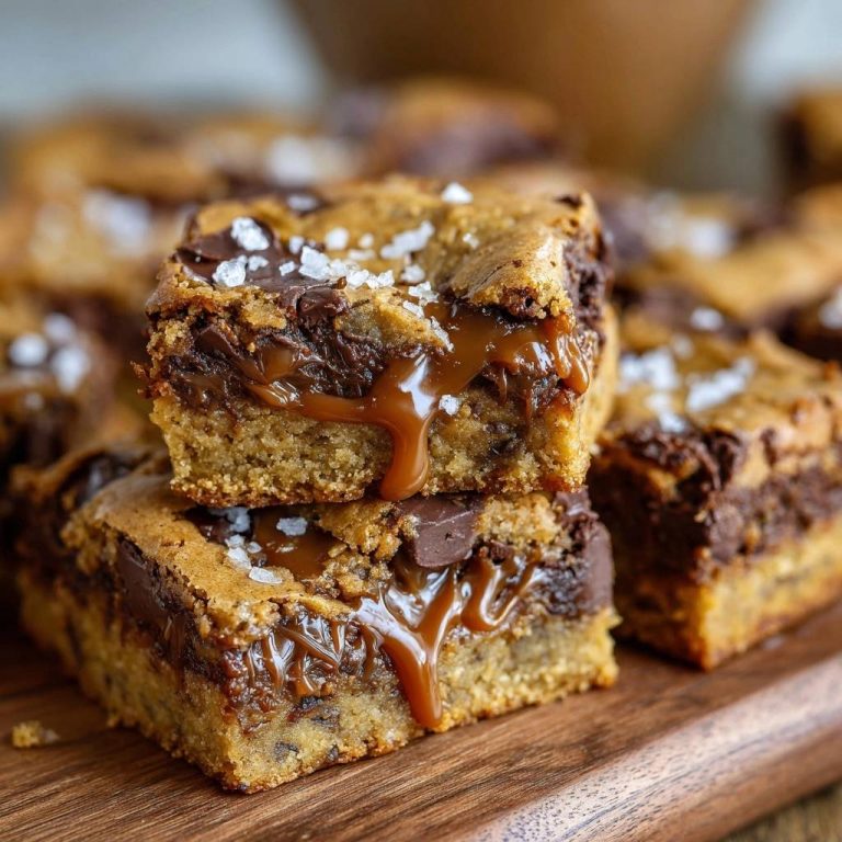 Salted caramel chocolate chunk blondies shown in a close-up cross-section with gooey caramel oozing out.