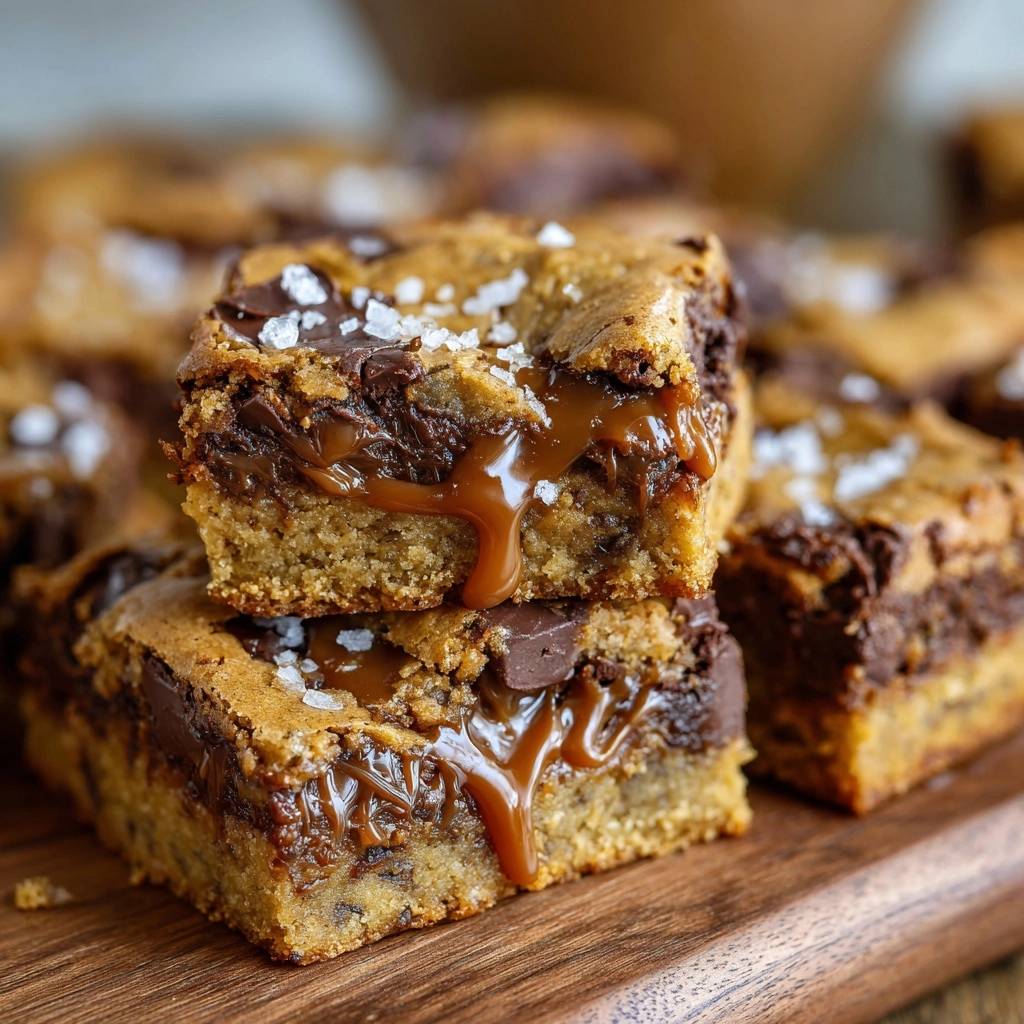 Salted caramel chocolate chunk blondies shown in a close-up cross-section with gooey caramel oozing out.