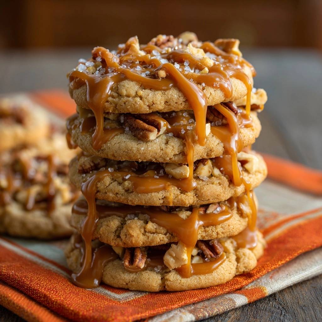 Salted caramel pecan cookies are stacked high, showcasing a generous caramel drizzle and visible pecan pieces.