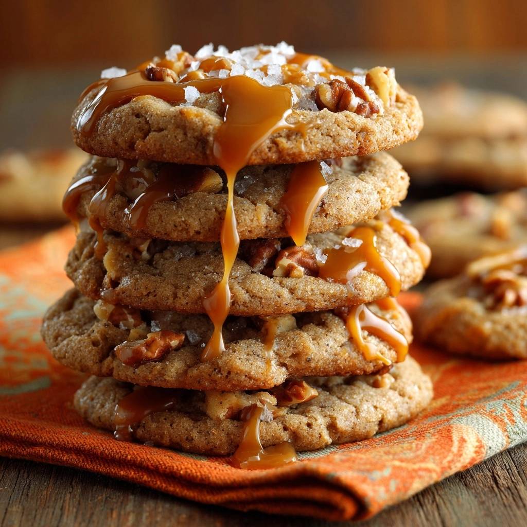 Salted caramel pecan cookies stacked high, showing a generous drizzle of caramel and sea salt.