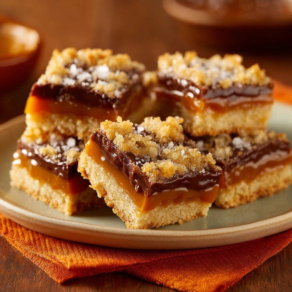 Salted Caramel Pretzel Shortbread Bars stacked on a plate, showing layers of shortbread, caramel, and chocolate topping.