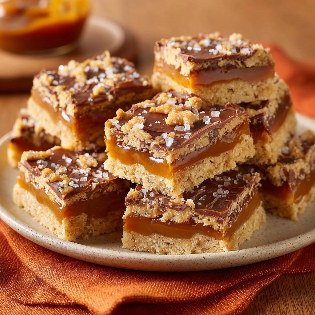 Salted caramel pretzel shortbread bars stacked on a plate, showcasing their rich layers and flaky topping.