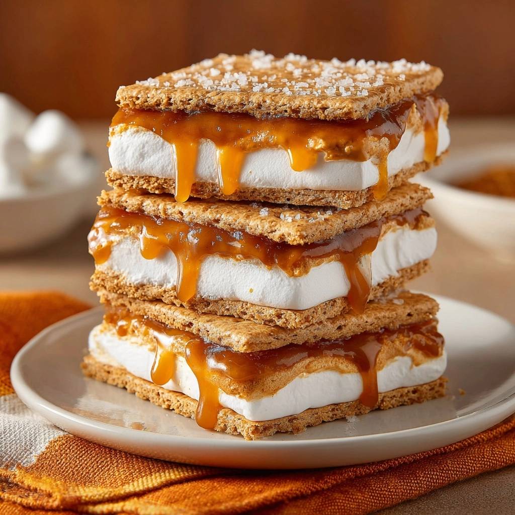 Salted caramel s'mores stack with gooey caramel dripping down the sides, a close-up view.