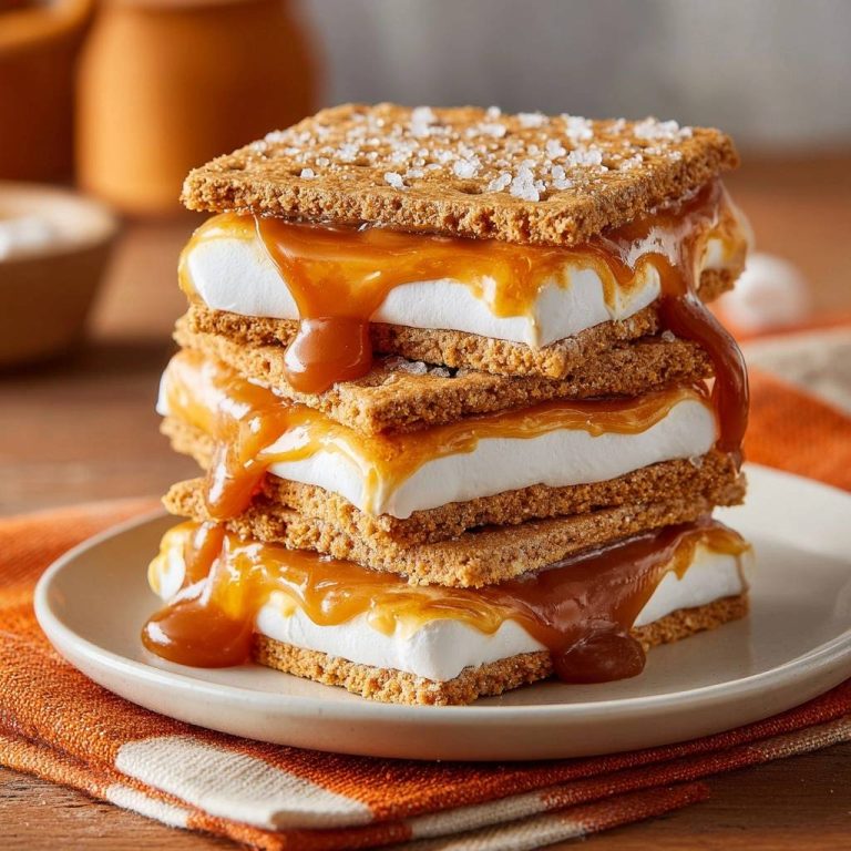 Salted caramel s'mores stack with gooey caramel dripping down the sides, presented on a plate.