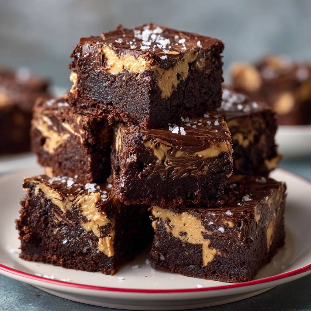 Salted peanut butter swirl brownies are stacked in a close-up view on a white plate, showcasing their rich chocolate and peanut butter layers.