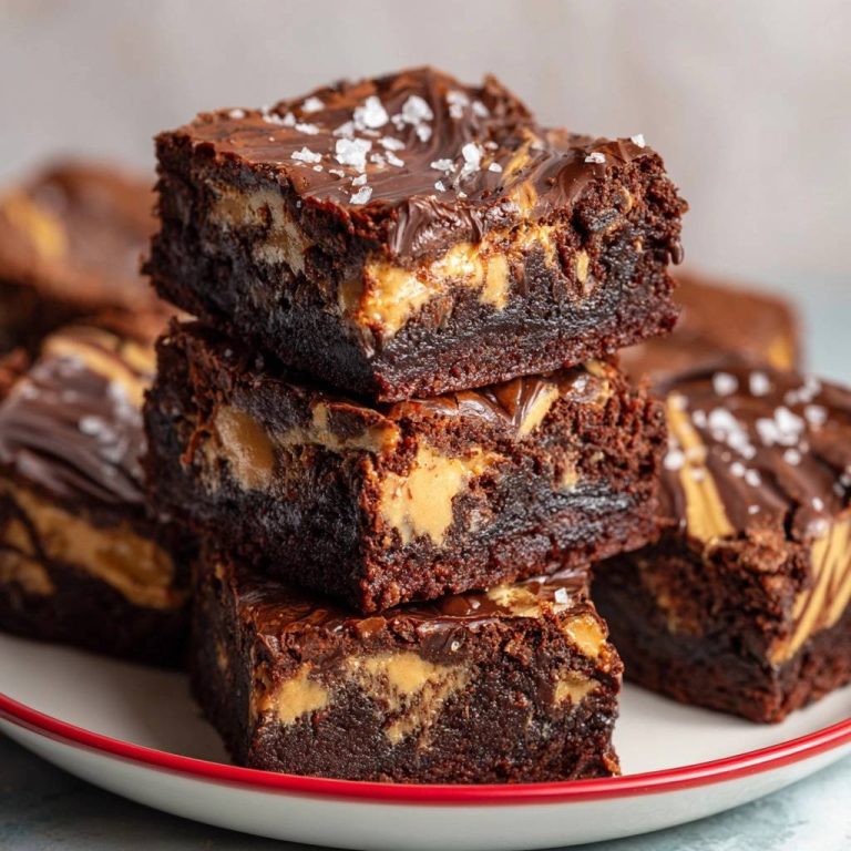 Salted peanut butter swirl brownies stacked high, showcasing rich chocolate and creamy peanut butter swirls with flaky sea salt.