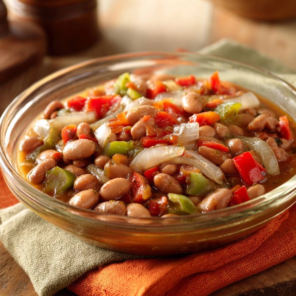 Saucy bell pepper white bean medley served in a clear glass bowl with fresh vegetables.
