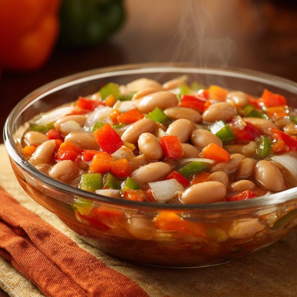 Saucy bell pepper white bean medley served steaming in a clear glass bowl with colorful chopped vegetables.