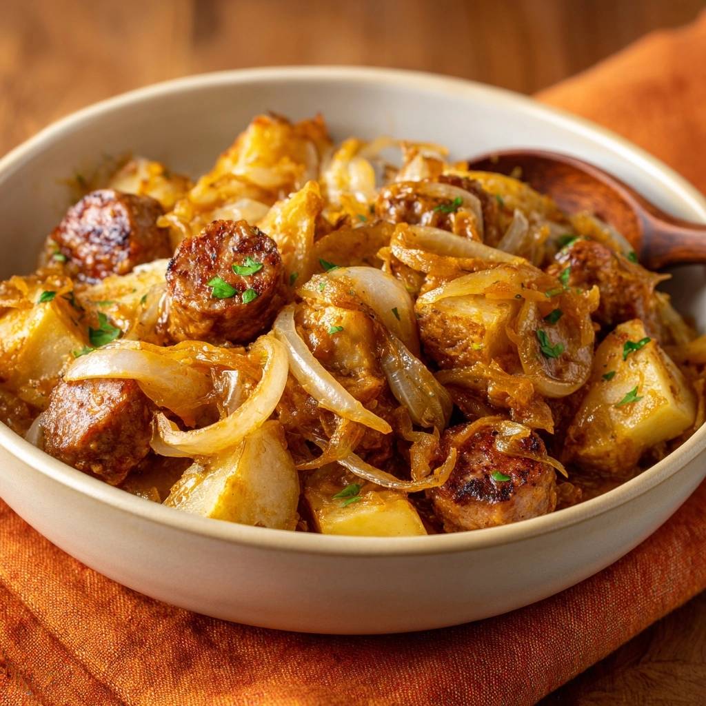 Savory sausage and potato skillet served in a bowl, showcasing a close-up view of the ingredients and garnish.