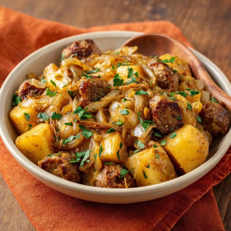 Savory sausage and potato skillet served in a rustic bowl, garnished with fresh parsley and a wooden spoon.