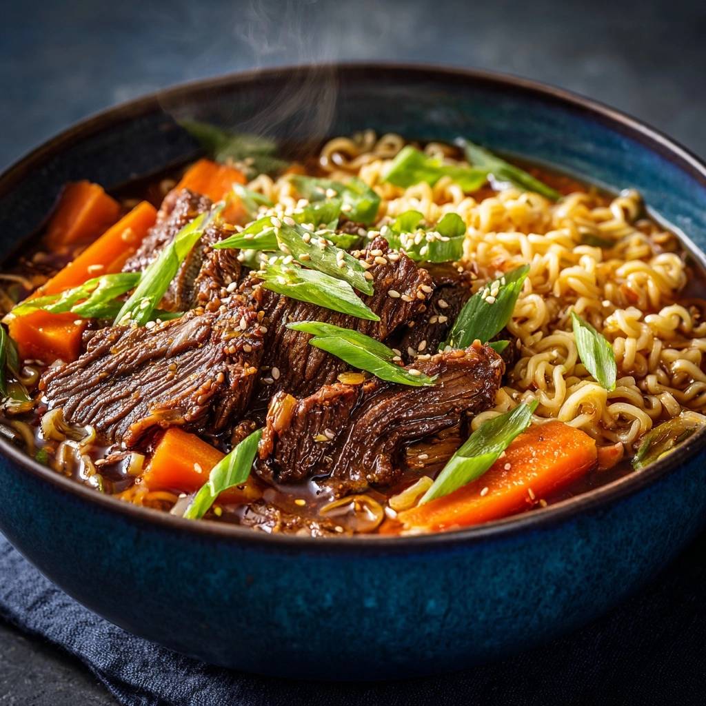 Savory beef ramen bowl with tender meat, noodles, carrots, and green onions, showing steam rising.