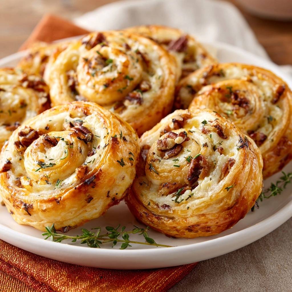 Savory pecan and goat cheese pinwheels are arranged closely on a white plate, showcasing their golden-brown pastry and nutty filling.