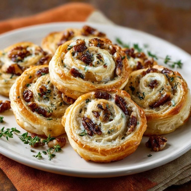 Savory pecan and goat cheese pinwheels plated attractively, showcasing their flaky pastry and filling in a close-up view.