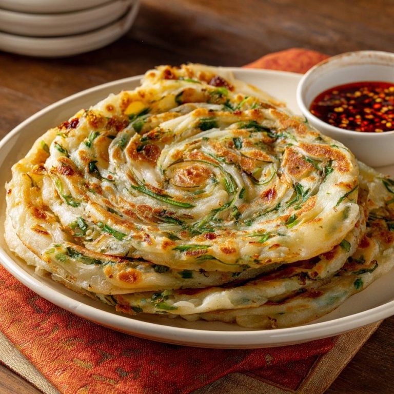 Crispy scallion pancakes stacked in a swirl pattern, served with a small dish of dipping sauce.