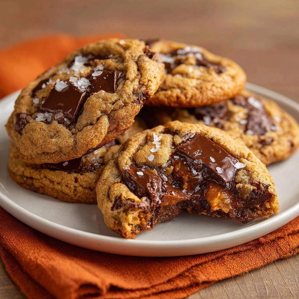 Sea salt chocolate chunk cookies with a bite taken out, revealing a gooey, melty chocolate interior.