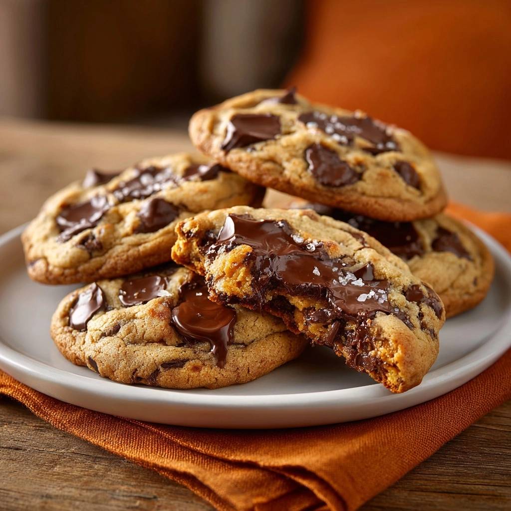 Sea Salt Chocolate Chunk Cookies shown in a close-up cross-section revealing thick, chewy texture and gooey melted chocolate.