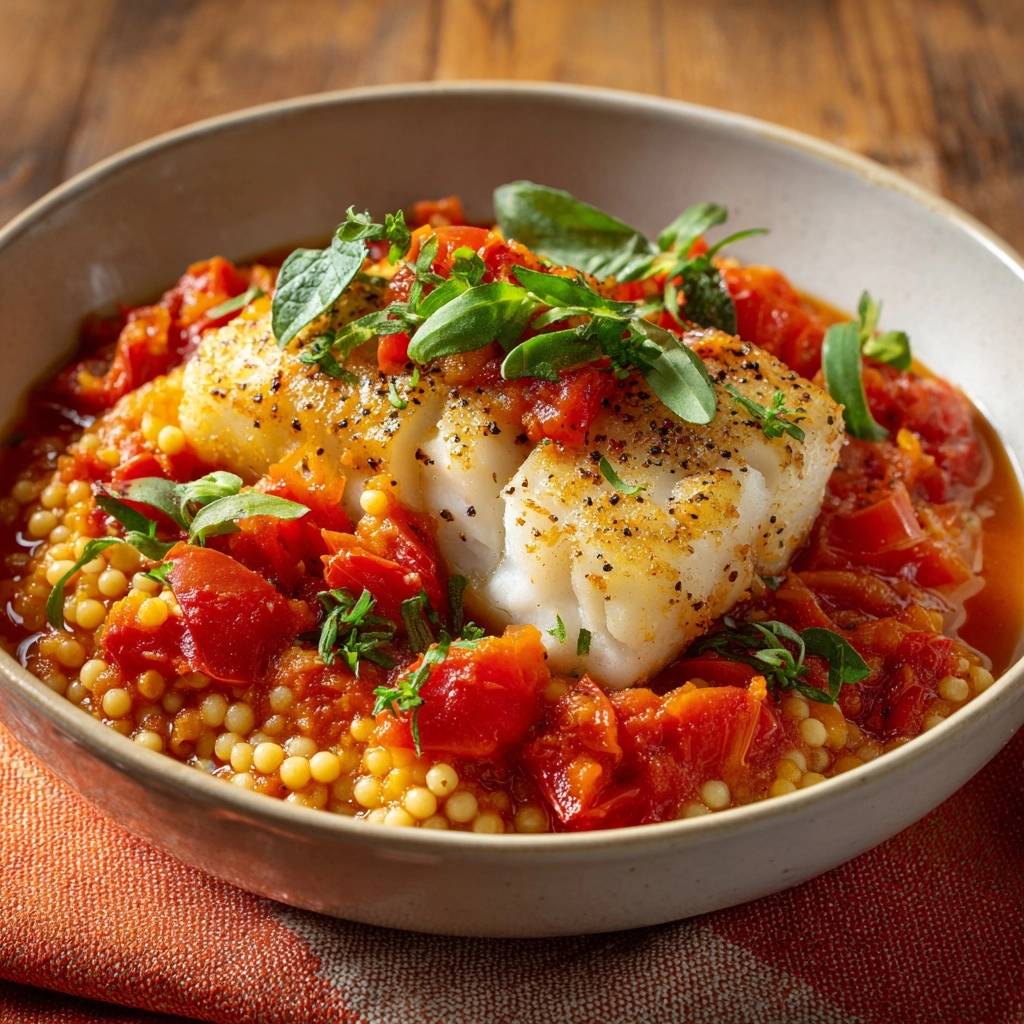 Cod And Couscous 30-Minute Seared Cod with Burst Tomatoes