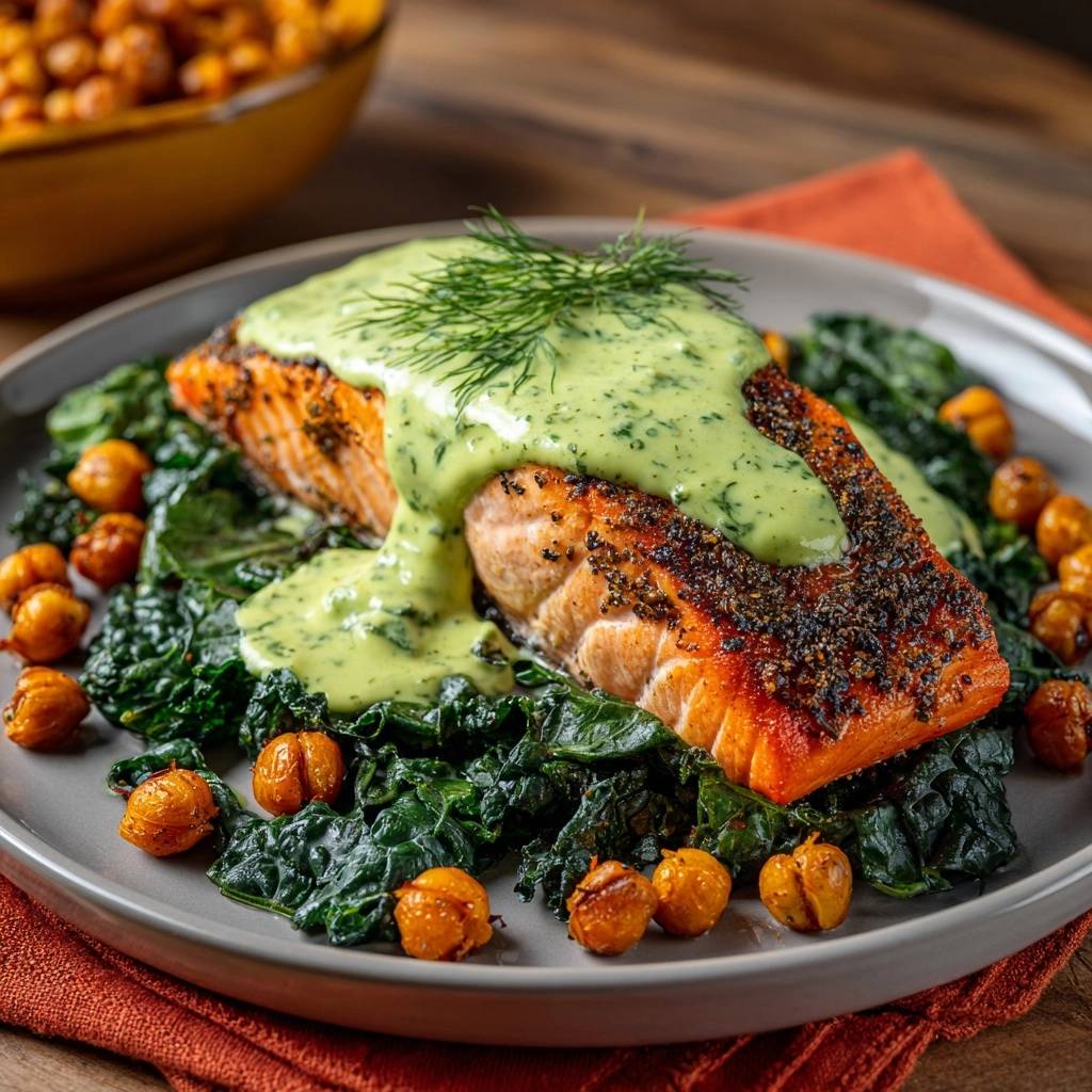 Seared salmon with green herb sauce, kale and crispy chickpeas served on a plate, with a close-up view of the sauce and salmon texture.