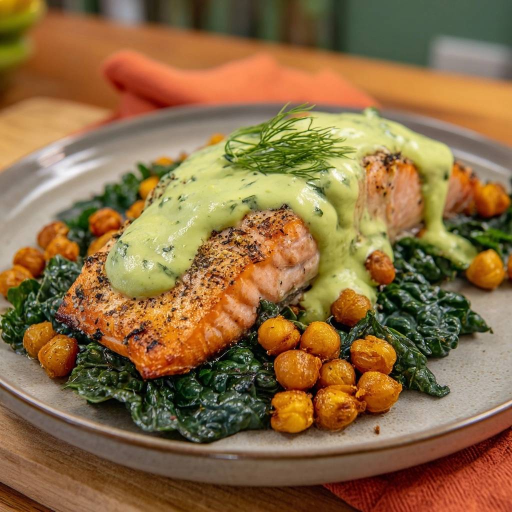 Seared salmon with green herb sauce, kale, and crispy chickpeas plated with an overhead view.