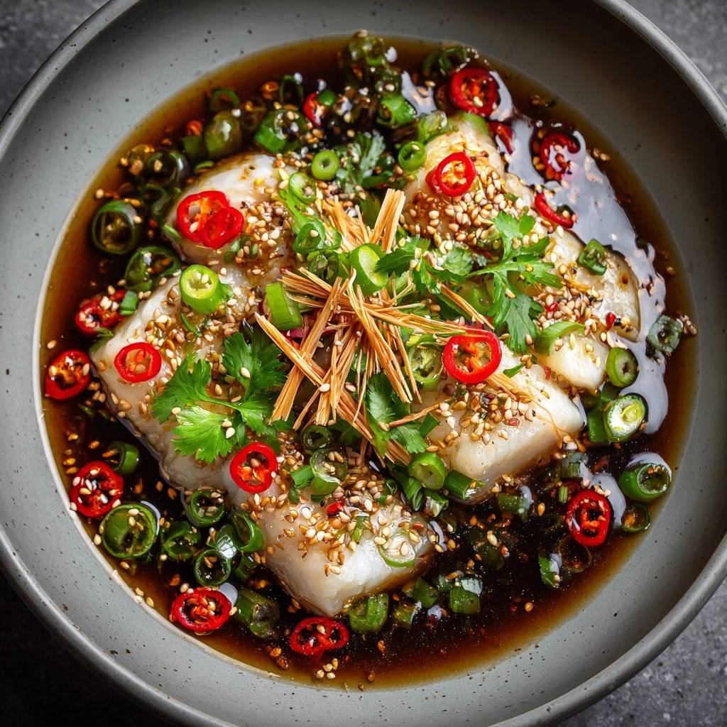 Sesame chili poached fish with garnishes of chili, scallions, and sesame seeds in a dark sauce.