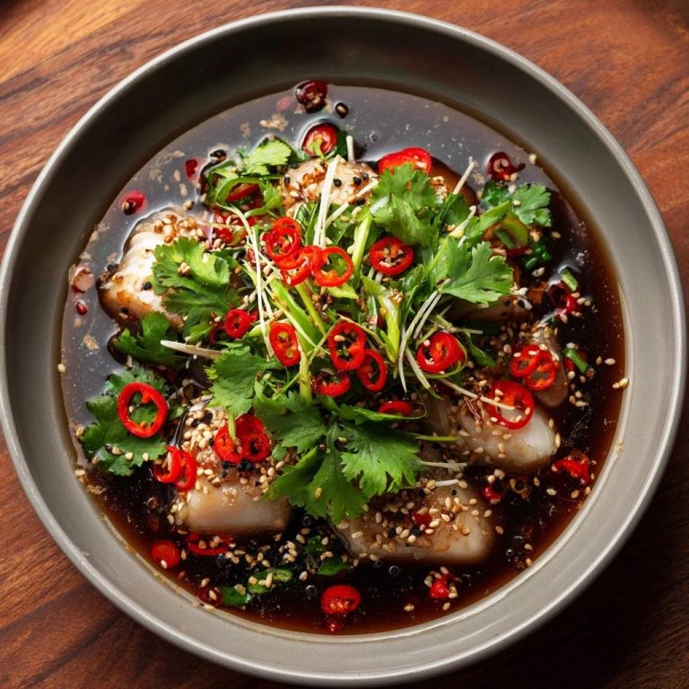 Sesame Chili Poached Fish with tender fillets, vibrant chili slices, and fresh cilantro in a dark broth, presented in an overhead bowl view.