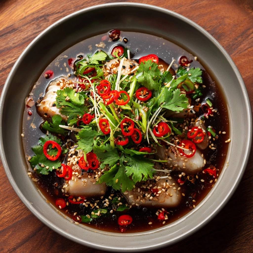 Sesame Chili Poached Fish with tender fillets, vibrant chili slices, and fresh cilantro in a dark broth, presented in an overhead bowl view.