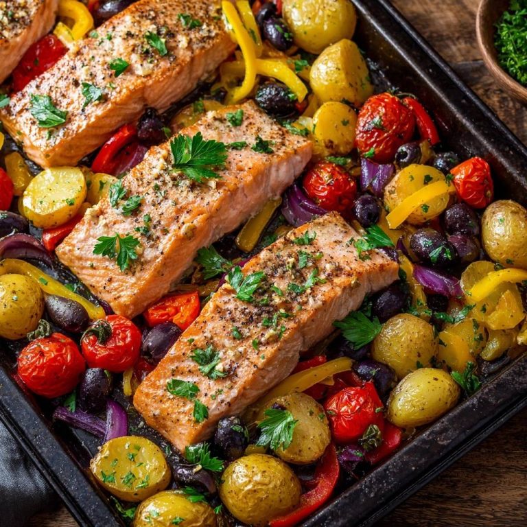 Sheet pan garlic salmon with roasted veggies served on a dark tray with a close overhead view.