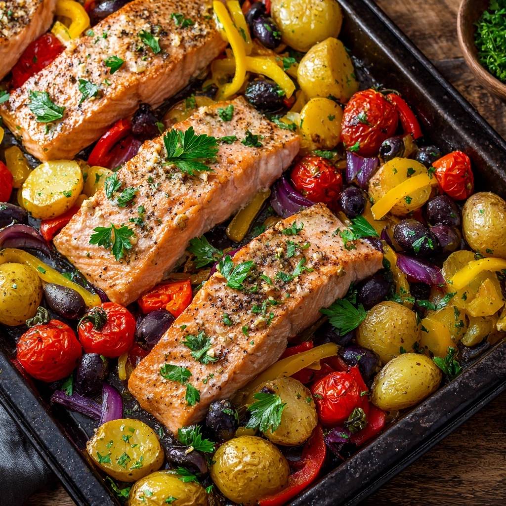 Sheet pan garlic salmon with roasted veggies served on a dark tray with a close overhead view.