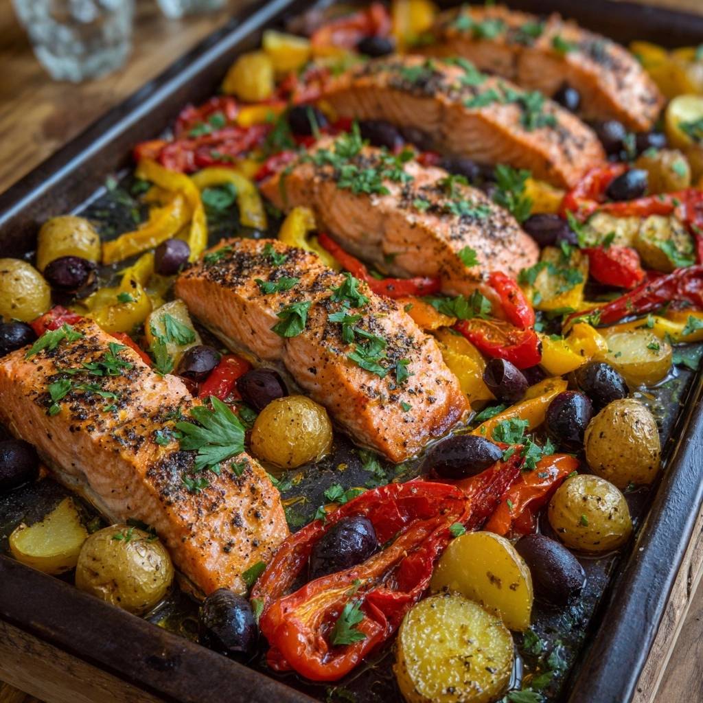 Sheet pan garlic salmon with roasted veggies, garnished with fresh parsley on a baking sheet.
