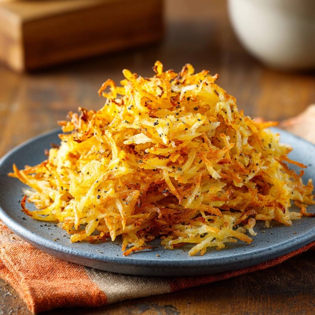 Crispy shredded hash browns plated on a blue dish, seasoned with black pepper, shown in a close-up view.