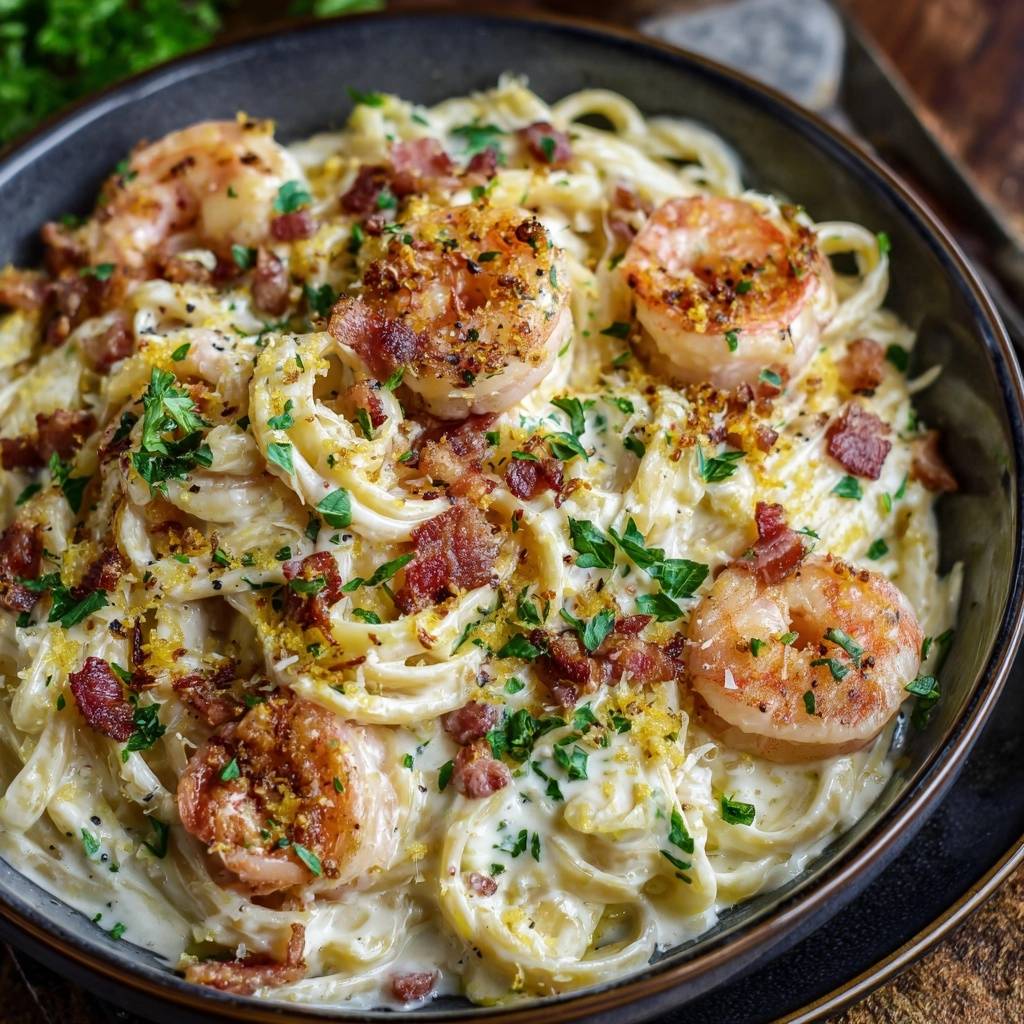 Shrimp bacon fettuccine Alfredo served in a dark bowl, showcasing a close-up view with fresh parsley and lemon zest garnish.