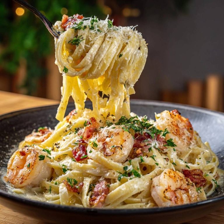 Shrimp bacon fettuccine alfredo with a forkful being lifted, showing creamy sauce and grated cheese.