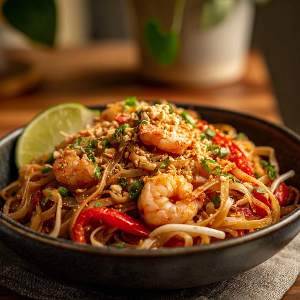 Shrimp Pad Thai served in a dark bowl, garnished with peanuts and a lime wedge, showcasing sticky-free noodles.