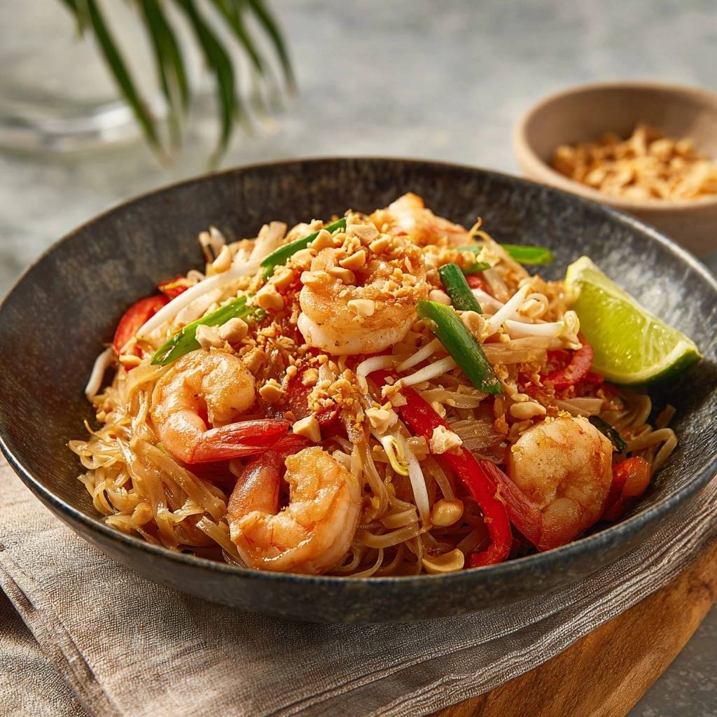Shrimp Pad Thai garnished with chopped peanuts and a lime wedge in a dark bowl.