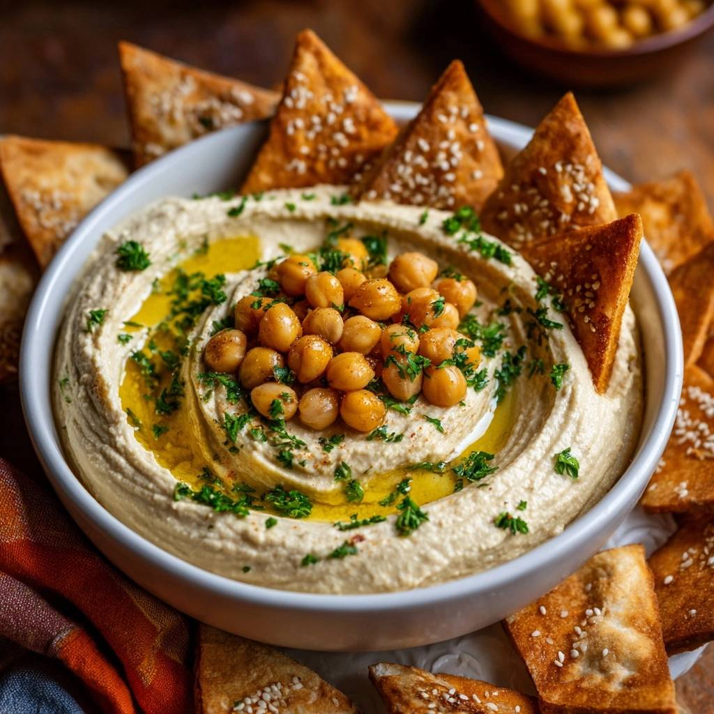 Silky homemade hummus garnished with chickpeas, parsley, and olive oil, served with pita chips.
