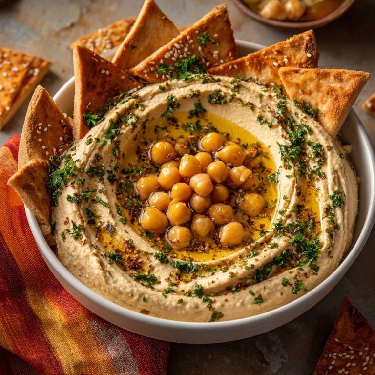 Silky homemade hummus garnished with chickpeas, parsley, and olive oil, served with pita bread triangles.